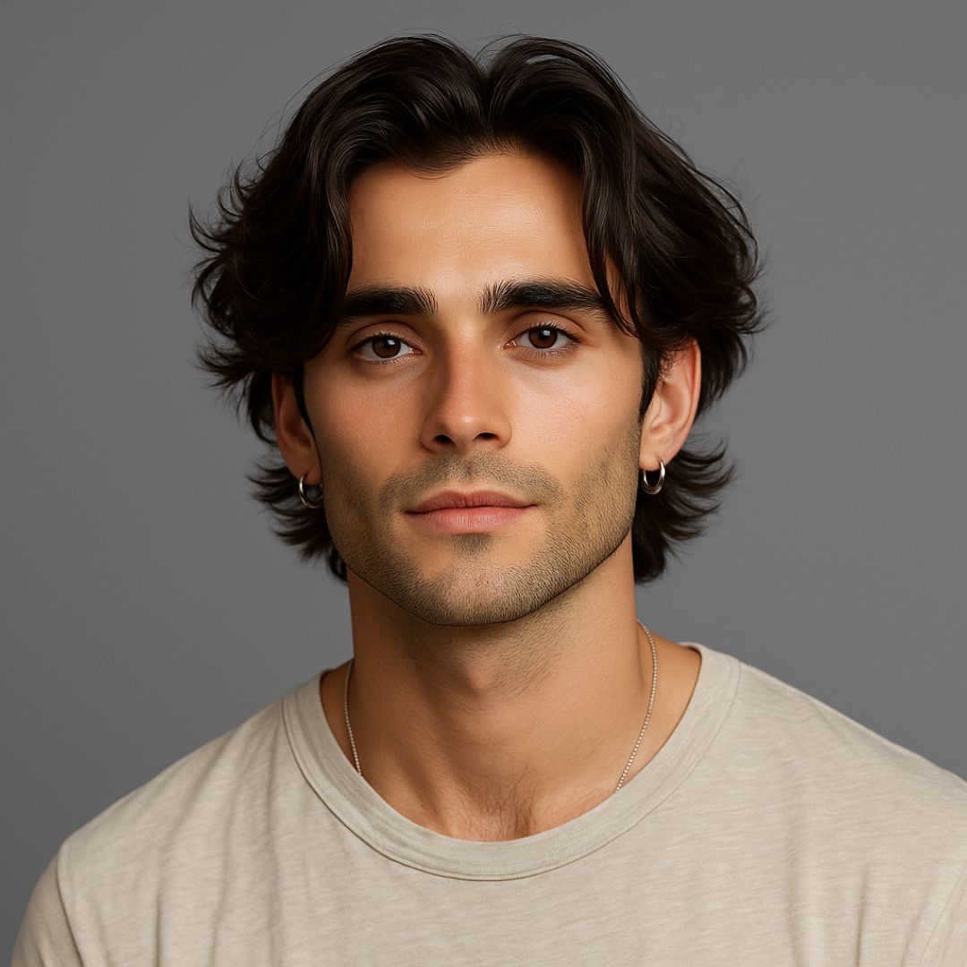 hombre con media melena y capas